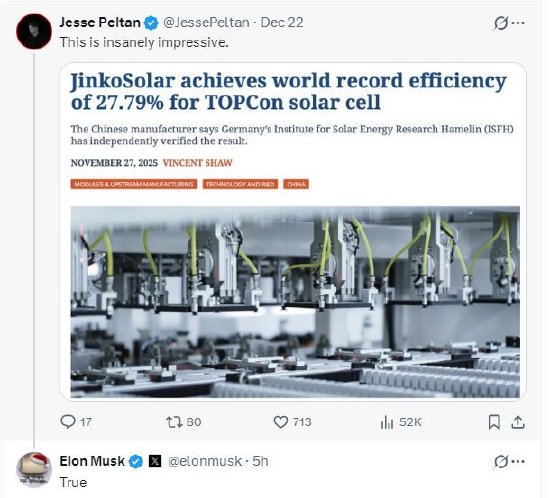 马斯克点赞晶科能源光电转换效率新纪录：“令